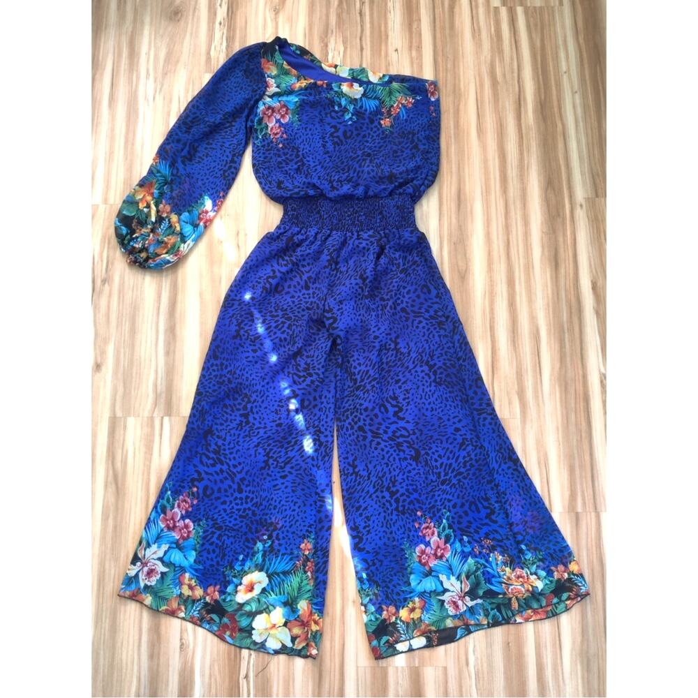 Vintage Va va boom One-Shoulder Floral Animal Print Jumpsuit L Wide Leg‎ Unique